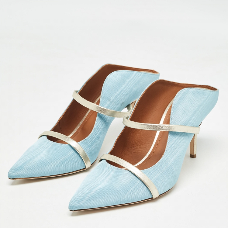 Pre Owned Malone Souliers Light Blue Fabric and Leather Maureen Heel Mules Size 41