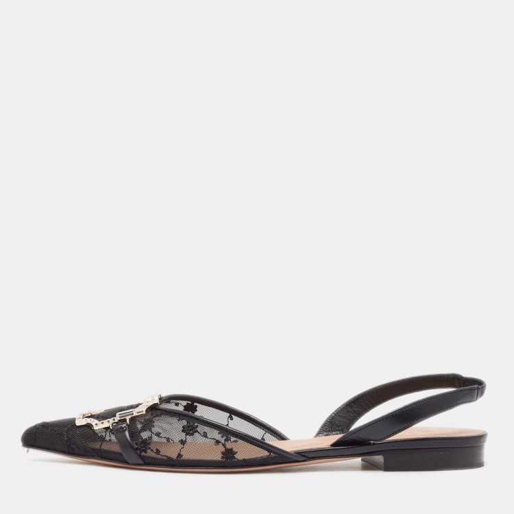Pre Owned Malone Souliers Black Mesh Misha Slingback Flats Size 37