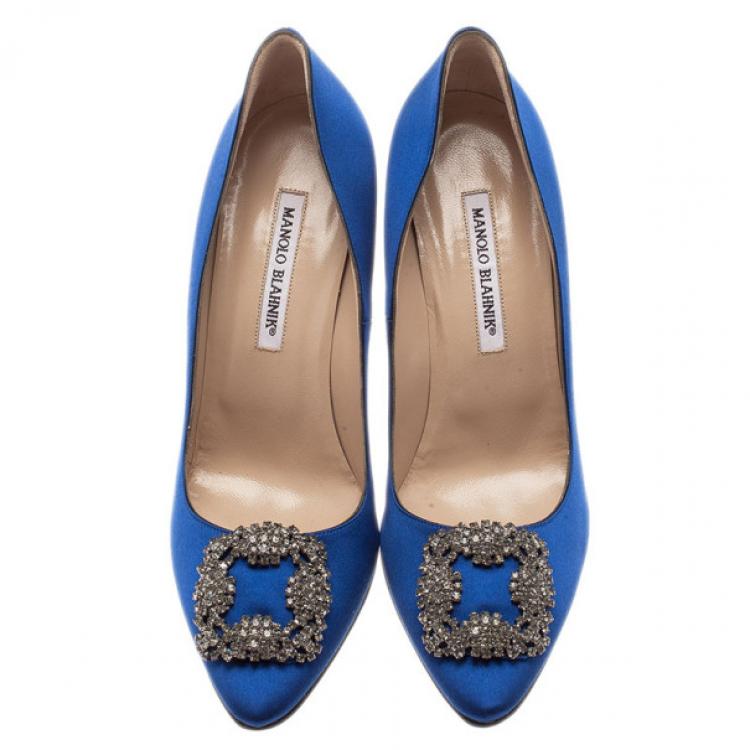 Pre Owned Manolo Blahnik Blue Satin Hangisi Embellished Pumps Size 39.5