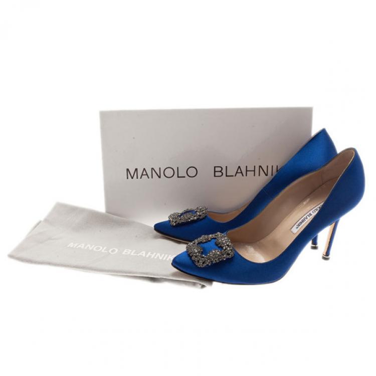 Pre Owned Manolo Blahnik Blue Satin Hangisi Embellished Pumps Size 39.5