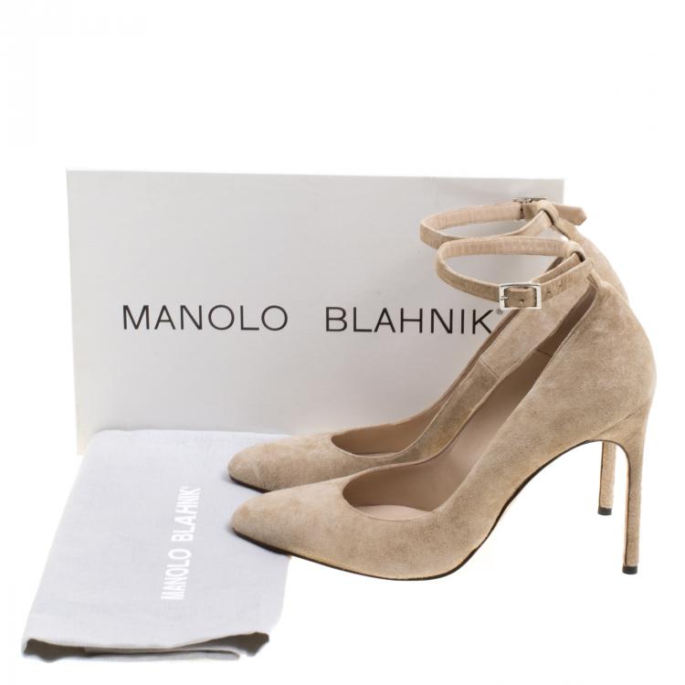 Pre Owned Manolo Blahnik Beige Suede Raret Ankle Strap Pointed Toe Pumps Size 38.5