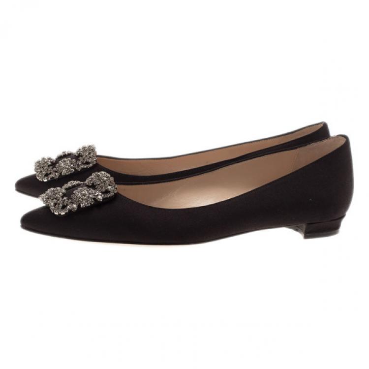 Pre Owned Manolo Blahnik Black Satin Hangisi Ballet Flats Size 38