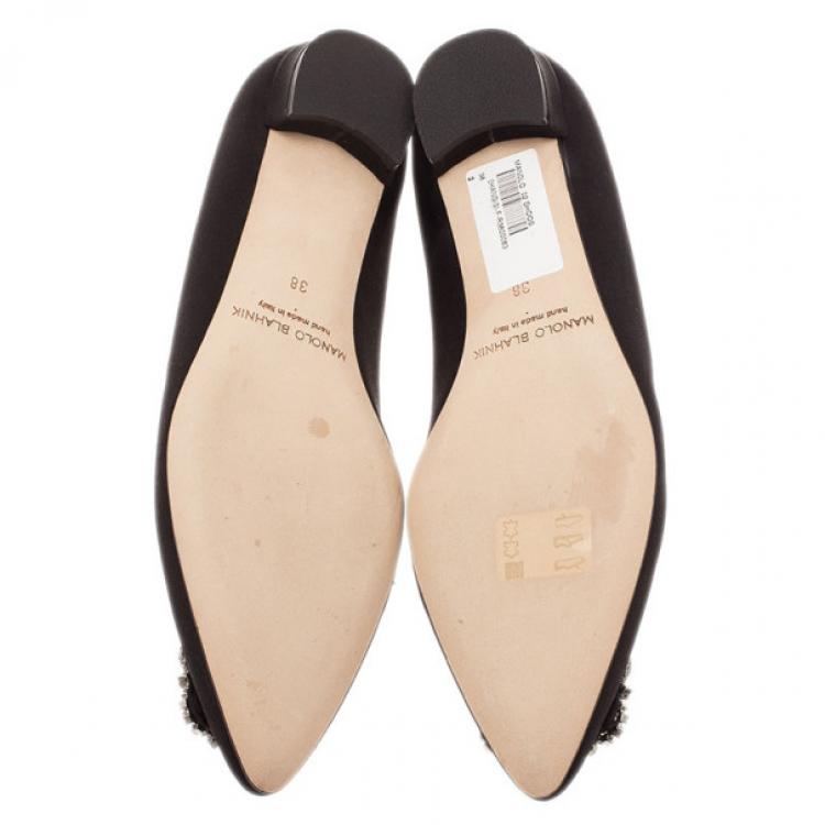 Pre Owned Manolo Blahnik Black Satin Hangisi Ballet Flats Size 38