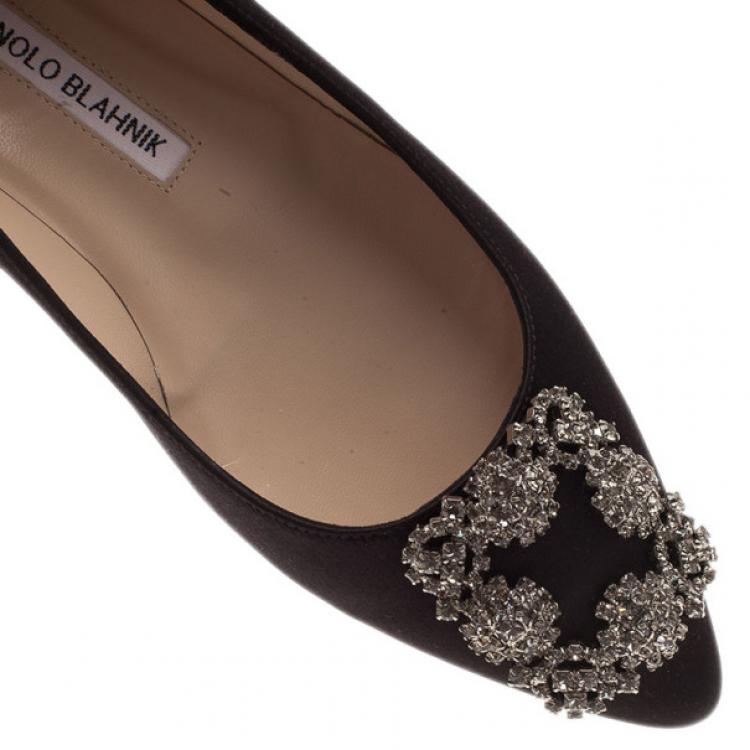 Pre Owned Manolo Blahnik Black Satin Hangisi Ballet Flats Size 38