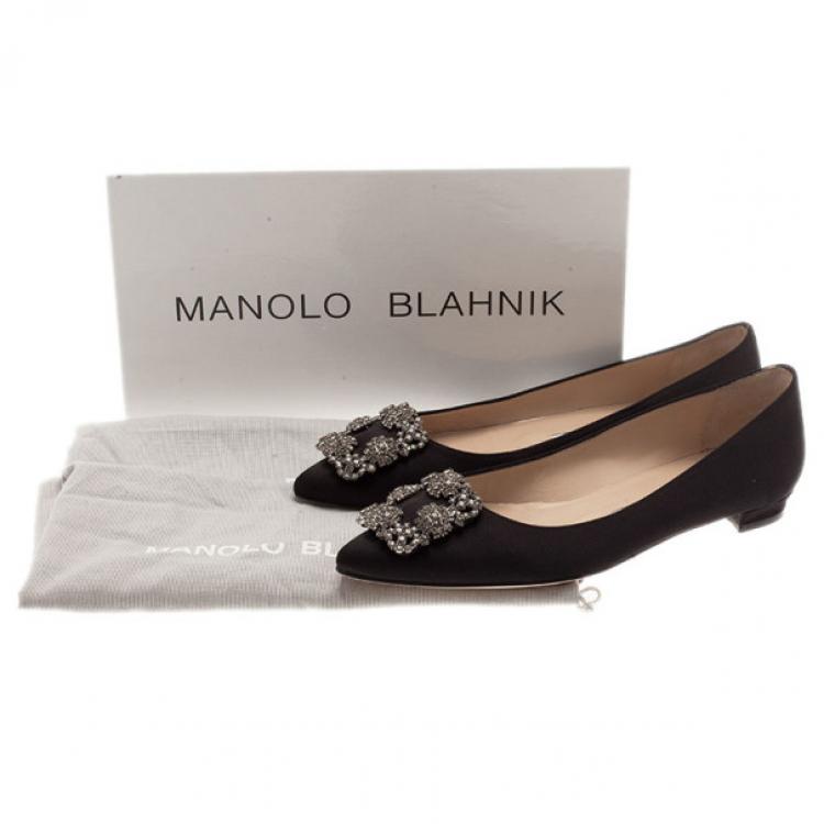Pre Owned Manolo Blahnik Black Satin Hangisi Ballet Flats Size 38