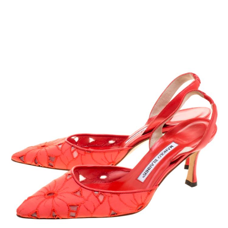 Pre Owned Manolo Blahnik Coral Red Floral Embroidered Fabric Carolyne Slingback Sandals Size 37