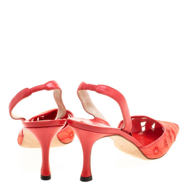 Pre Owned Manolo Blahnik Coral Red Floral Embroidered Fabric Carolyne Slingback Sandals Size 37