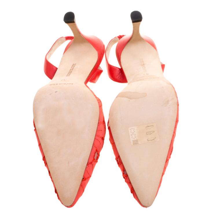 Pre Owned Manolo Blahnik Coral Red Floral Embroidered Fabric Carolyne Slingback Sandals Size 37