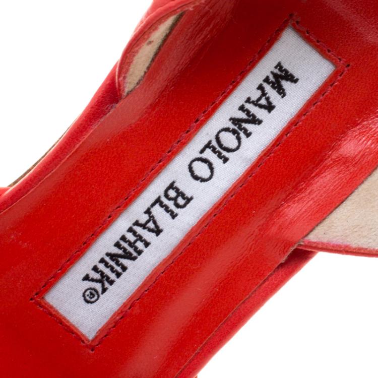 Pre Owned Manolo Blahnik Coral Red Floral Embroidered Fabric Carolyne Slingback Sandals Size 37