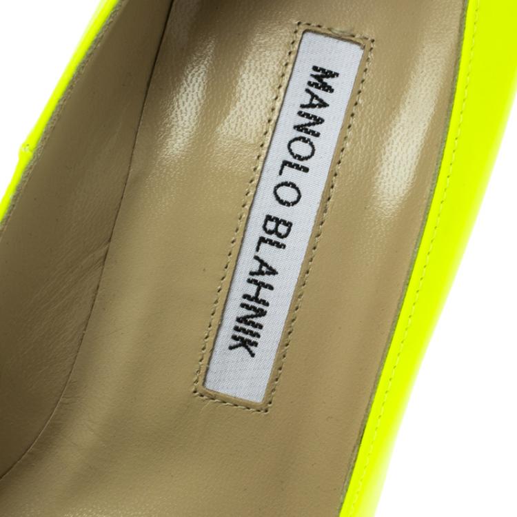 Pre Owned Manolo Blahnik Neon Yellow Leather BB Pointed Toe Pumps Size 37.5