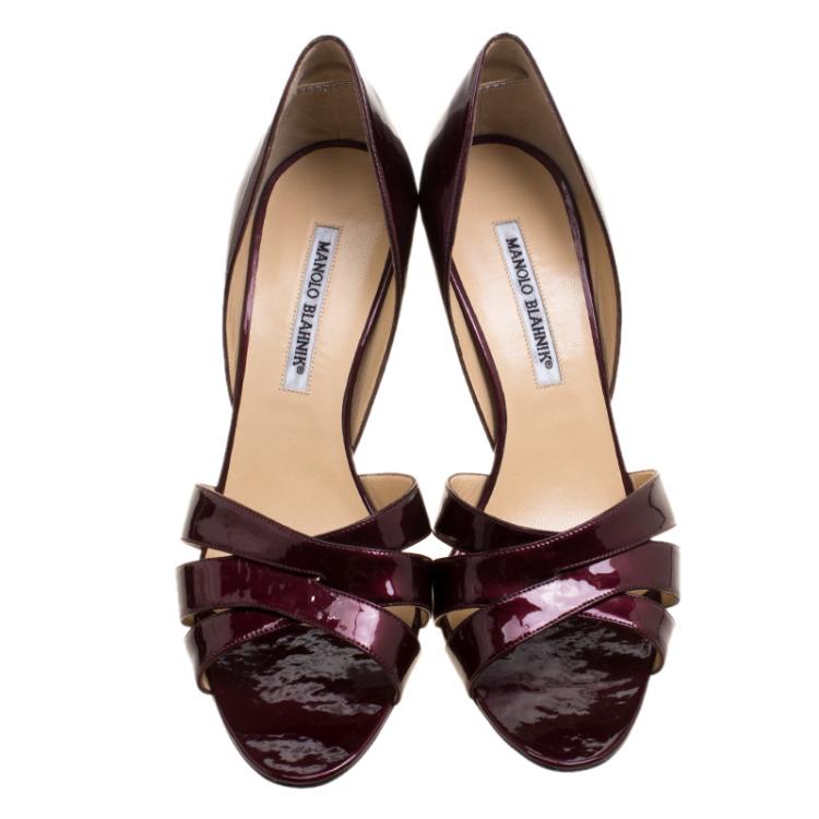 Pre Owned Manolo Blahnik Burgundy Patent Leather Cross Strap D'orsay Sandals Size 40