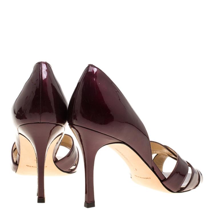 Pre Owned Manolo Blahnik Burgundy Patent Leather Cross Strap D'orsay Sandals Size 40