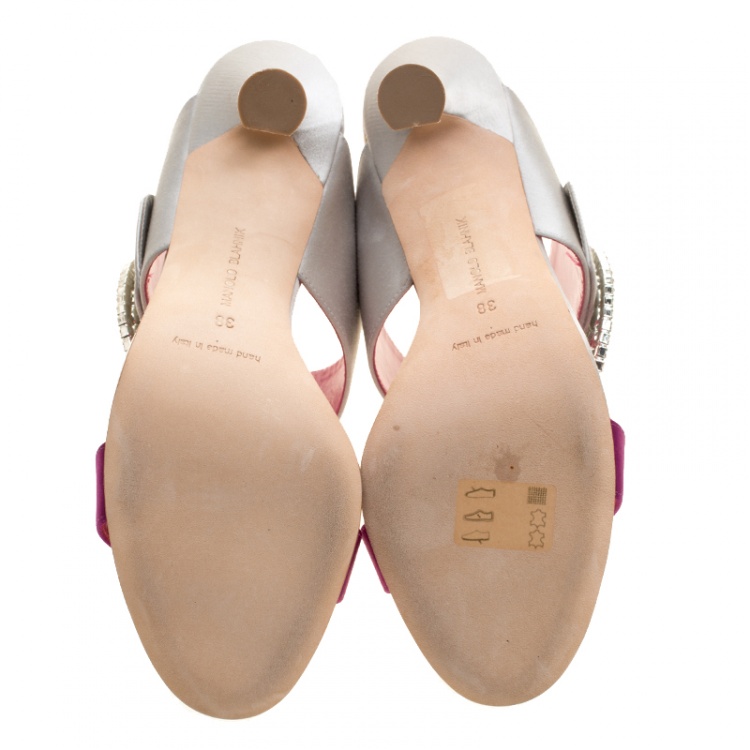 Pre Owned Manolo Blahnik Two Tone Satin Fibiona Crystal Embellished Mules Size 38