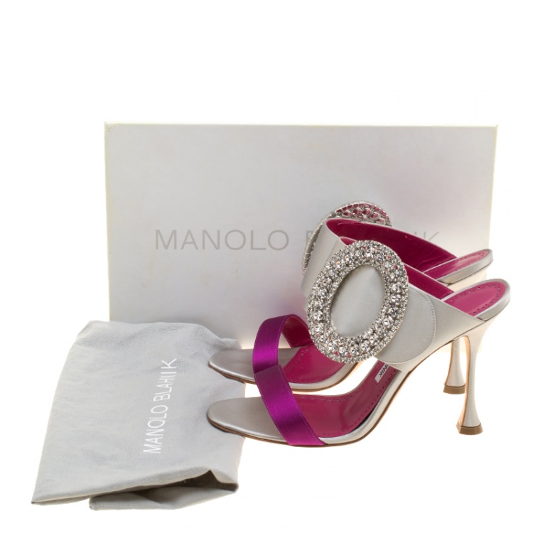Pre Owned Manolo Blahnik Two Tone Satin Fibiona Crystal Embellished Mules Size 38