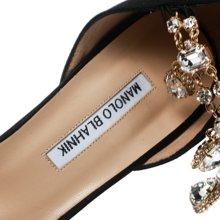 Pre Owned Manolo Blahnik Black Satin Zullin Crystal Jeweled Pointed Toe D'orsay Pumps Size 42