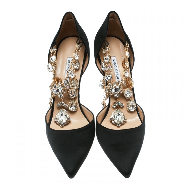 Pre Owned Manolo Blahnik Black Satin Zullin Crystal Jeweled Pointed Toe D'orsay Pumps Size 42