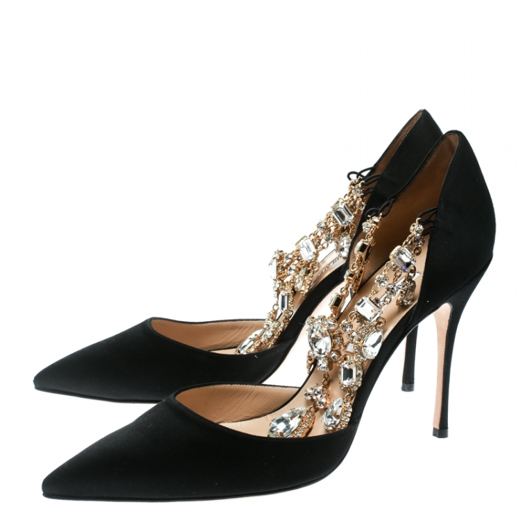 Pre Owned Manolo Blahnik Black Satin Zullin Crystal Jeweled Pointed Toe D'orsay Pumps Size 42