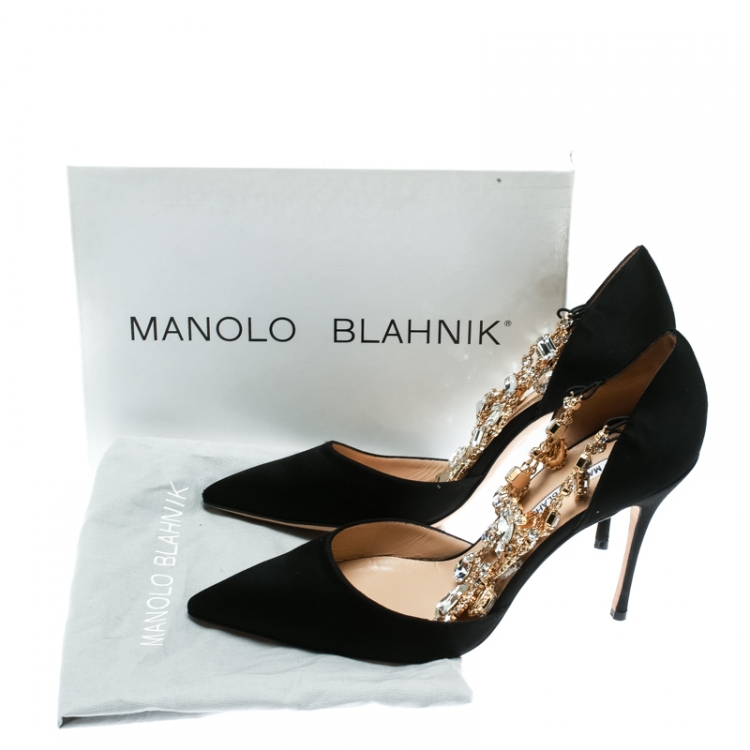 Pre Owned Manolo Blahnik Black Satin Zullin Crystal Jeweled Pointed Toe D'orsay Pumps Size 42