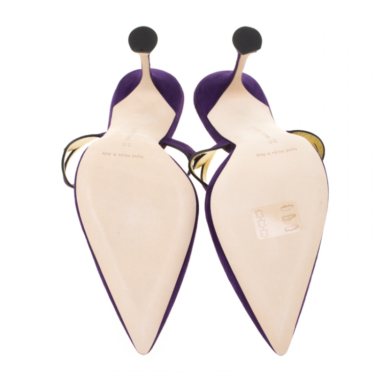 Pre Owned Manolo Blahnik Dark Purple Suede Mochetomu Cut Out Pointed Toe Mules Size 38