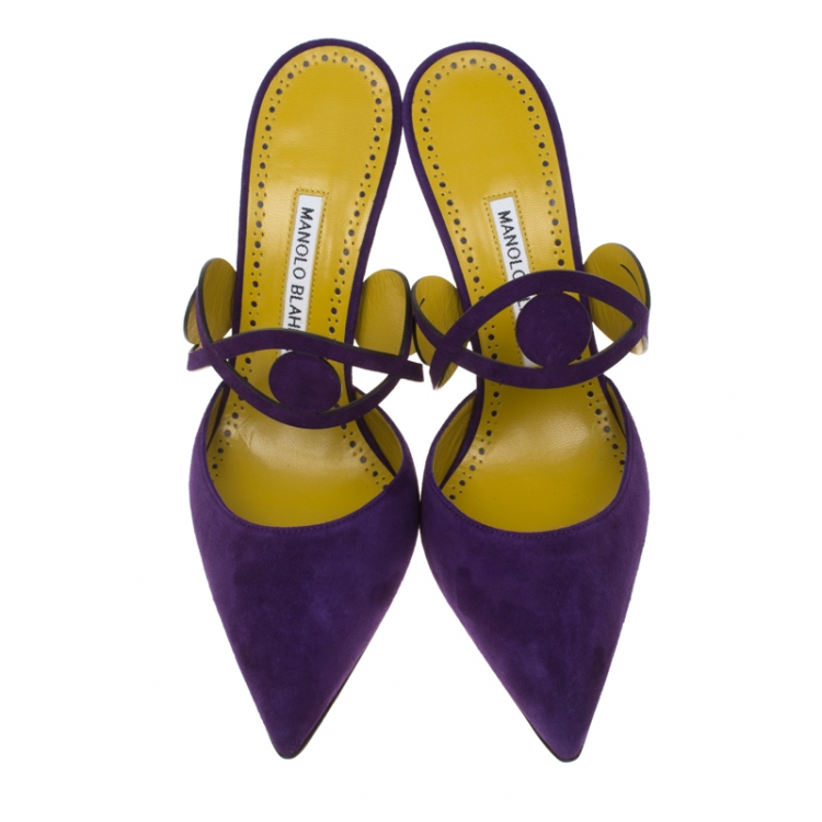 Pre Owned Manolo Blahnik Dark Purple Suede Mochetomu Cut Out Pointed Toe Mules Size 38