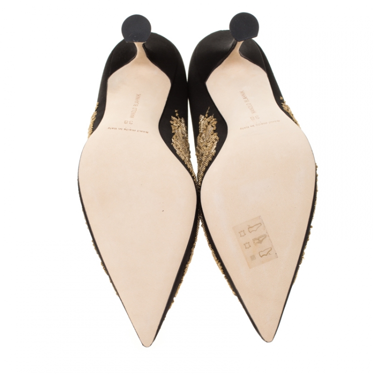 Pre Owned Manolo Blahnik Black Satin Elestoria Embroidered Pointed Toe Pumps Size 38