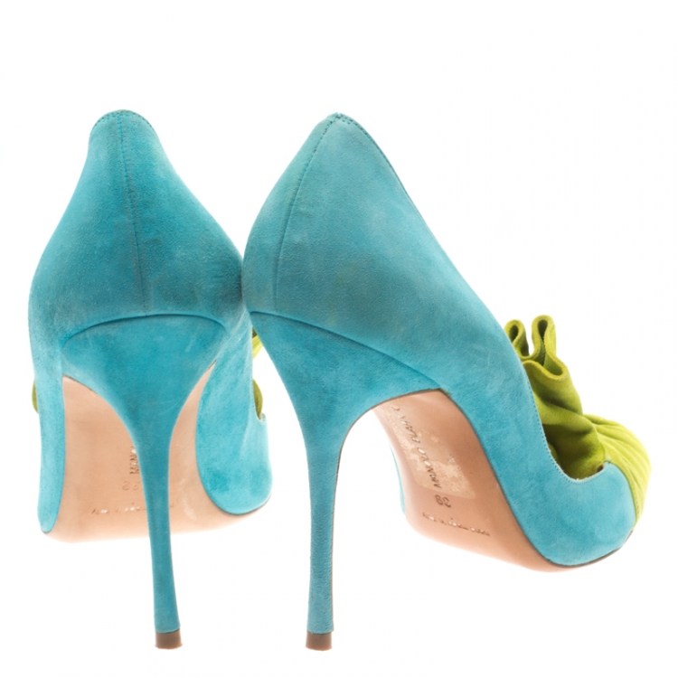 Pre Owned Manolo Blahnik Blue/Green Suede Arleti Frill Detail Pumps Size 39