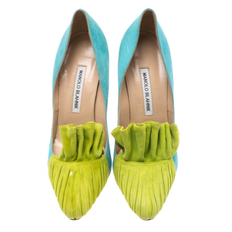 Pre Owned Manolo Blahnik Blue/Green Suede Arleti Frill Detail Pumps Size 39
