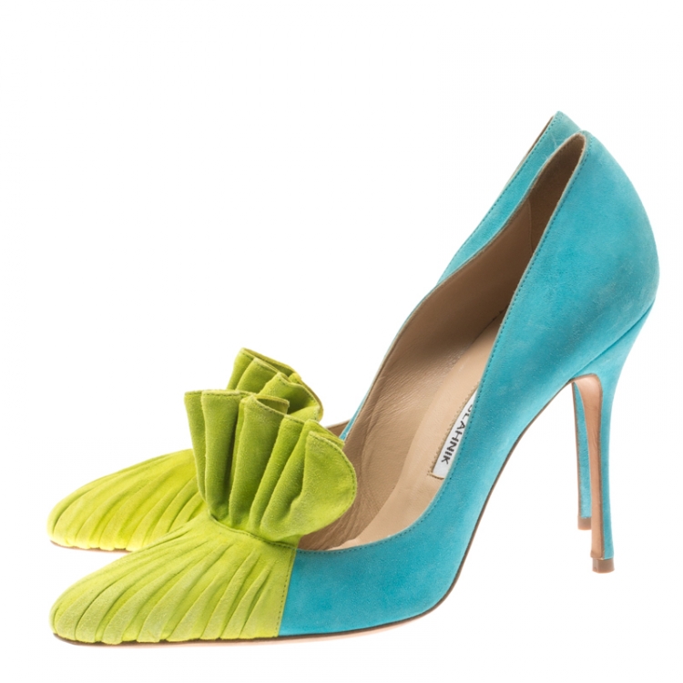Pre Owned Manolo Blahnik Blue/Green Suede Arleti Frill Detail Pumps Size 39