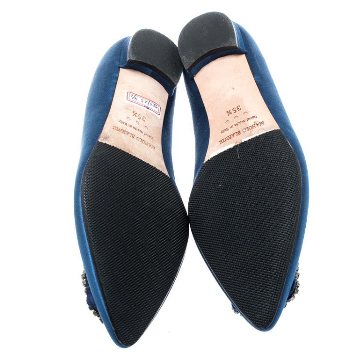 Pre Owned Manolo Blahnik Blue Satin Hangisi Ballet Flats Size 35.5