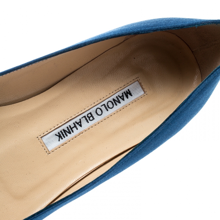 Pre Owned Manolo Blahnik Blue Satin Hangisi Ballet Flats Size 35.5