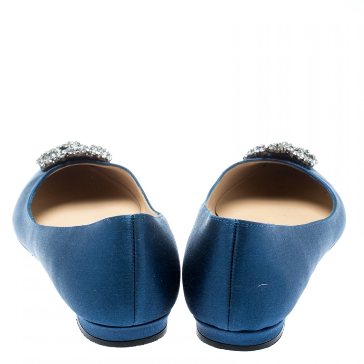 Pre Owned Manolo Blahnik Blue Satin Hangisi Ballet Flats Size 35.5