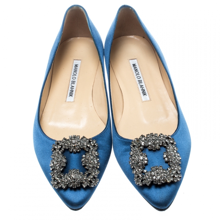 Pre Owned Manolo Blahnik Blue Satin Hangisi Ballet Flats Size 35.5