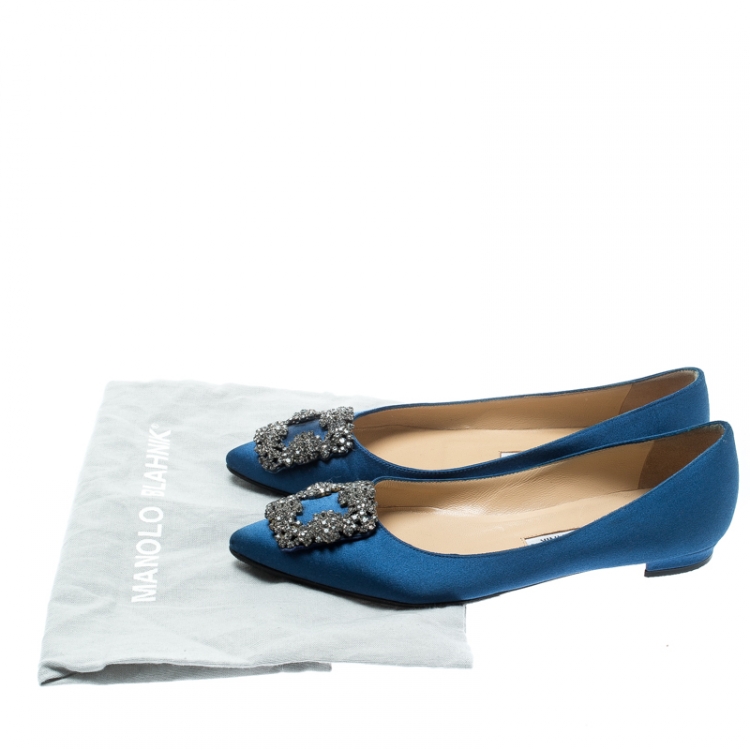 Pre Owned Manolo Blahnik Blue Satin Hangisi Ballet Flats Size 35.5