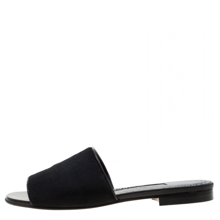 Pre Owned Manolo Blahnik Black Pony Hair Flat Slides Size 38.5