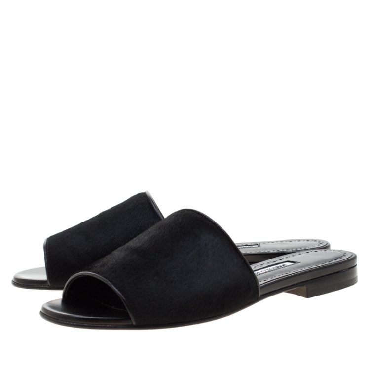 Pre Owned Manolo Blahnik Black Pony Hair Flat Slides Size 38.5