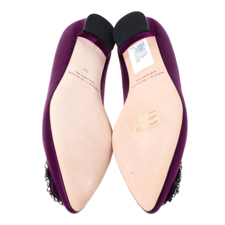 Pre Owned Manolo Blahnik Purple Satin Hangisi Ballet Flats Size 39
