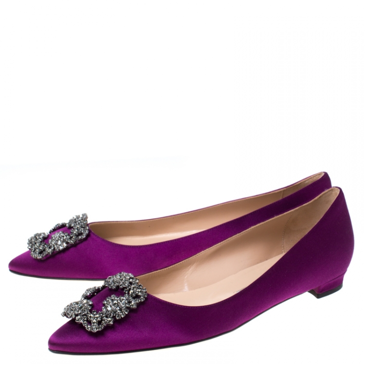 Pre Owned Manolo Blahnik Purple Satin Hangisi Ballet Flats Size 39