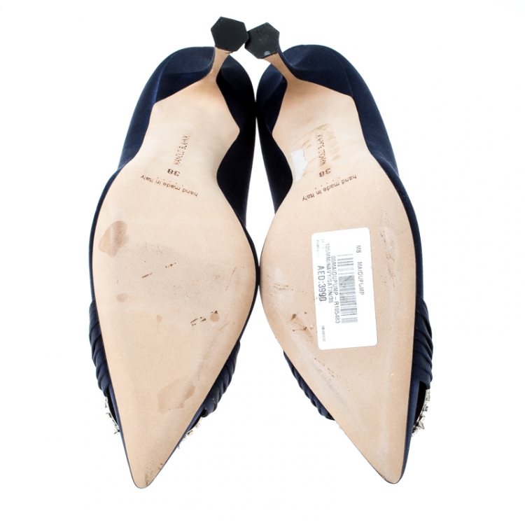 Pre Owned Manolo Blahnik Navy Blue Satin Maidu Pointed Toe Pumps Size 38
