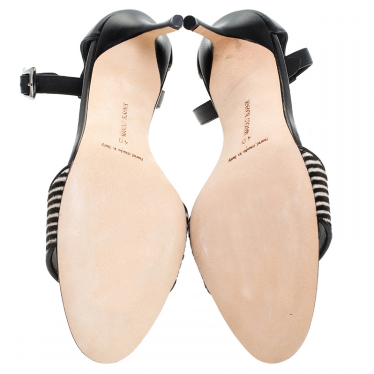 Pre Owned Manolo Blahnik Black/White Pony Hair And Leather Tresov Ankle Strap Sandals Size 40
