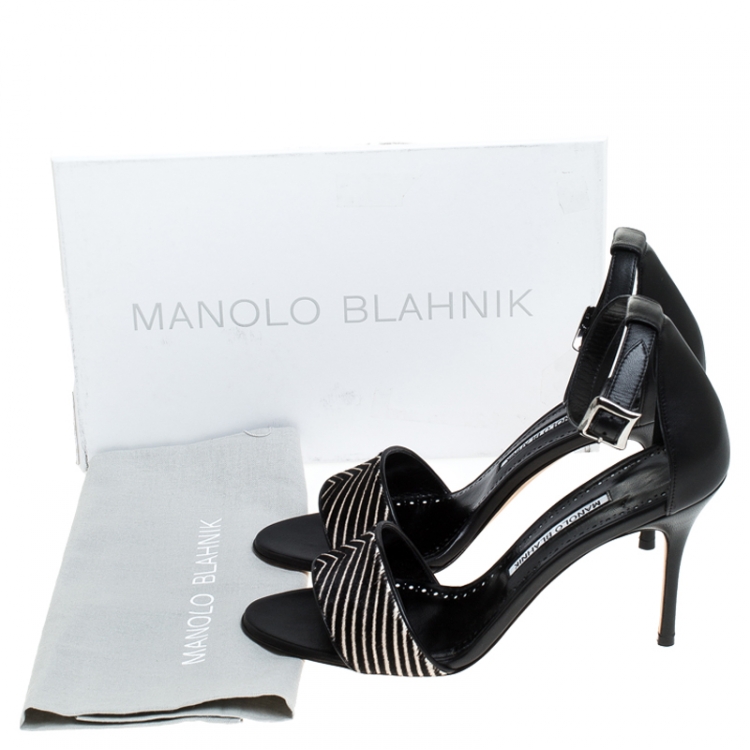 Pre Owned Manolo Blahnik Black/White Pony Hair And Leather Tresov Ankle Strap Sandals Size 40