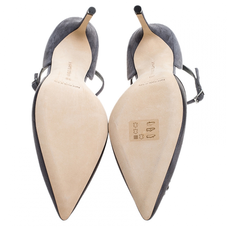 Pre Owned Manolo Blahnik Grey Suede Eridania T-Bar Pointed Toe Pumps Size 38