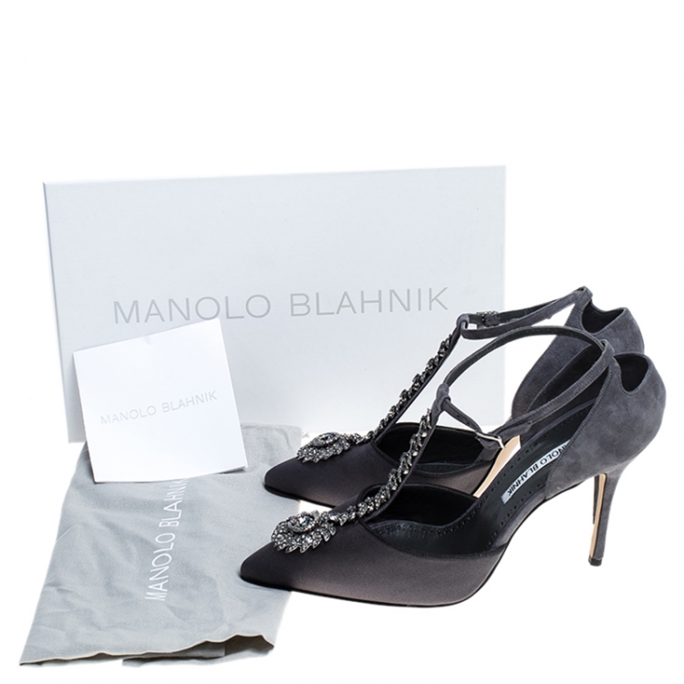 Pre Owned Manolo Blahnik Grey Suede Eridania T-Bar Pointed Toe Pumps Size 38