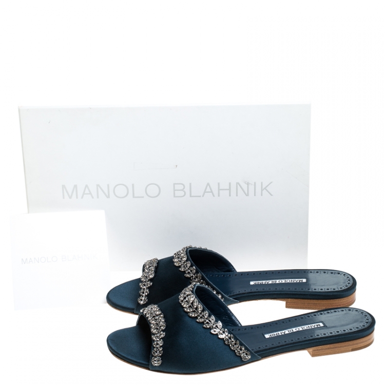 Pre Owned Manolo Blahnik Teal Satin Crystal Embellished Triunslo Flat Slides Size 39
