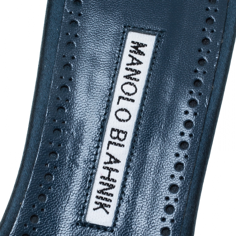 Pre Owned Manolo Blahnik Teal Satin Crystal Embellished Triunslo Flat Slides Size 39