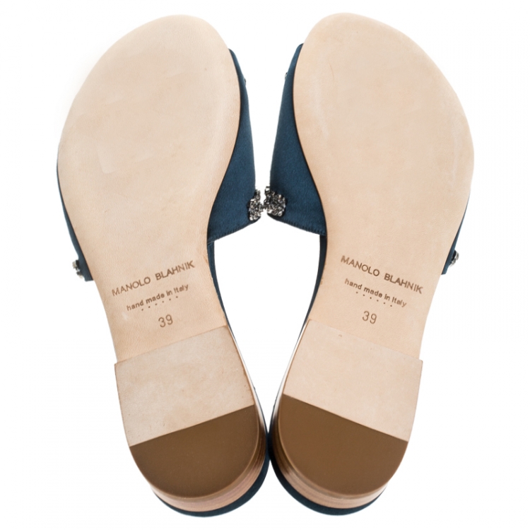 Pre Owned Manolo Blahnik Teal Satin Crystal Embellished Triunslo Flat Slides Size 39