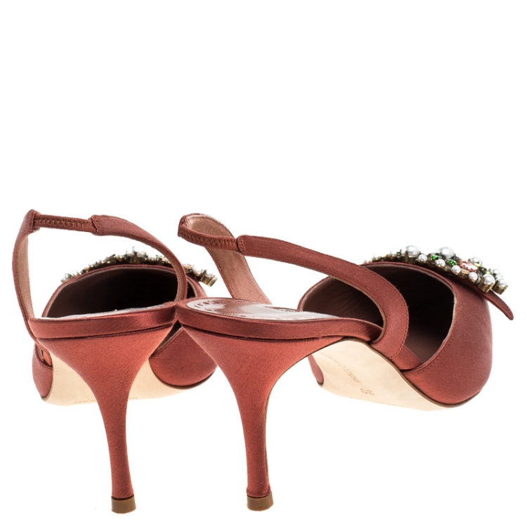 Pre Owned Manolo Blahnik Brown Satin Crystal Embellished Leona Slingback Pumps Size 39