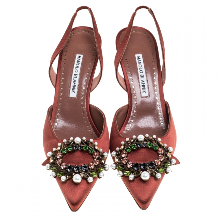 Pre Owned Manolo Blahnik Brown Satin Crystal Embellished Leona Slingback Pumps Size 39