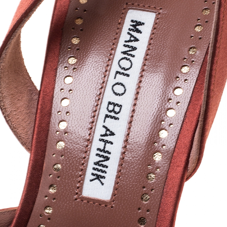 Pre Owned Manolo Blahnik Brown Satin Crystal Embellished Leona Slingback Pumps Size 39