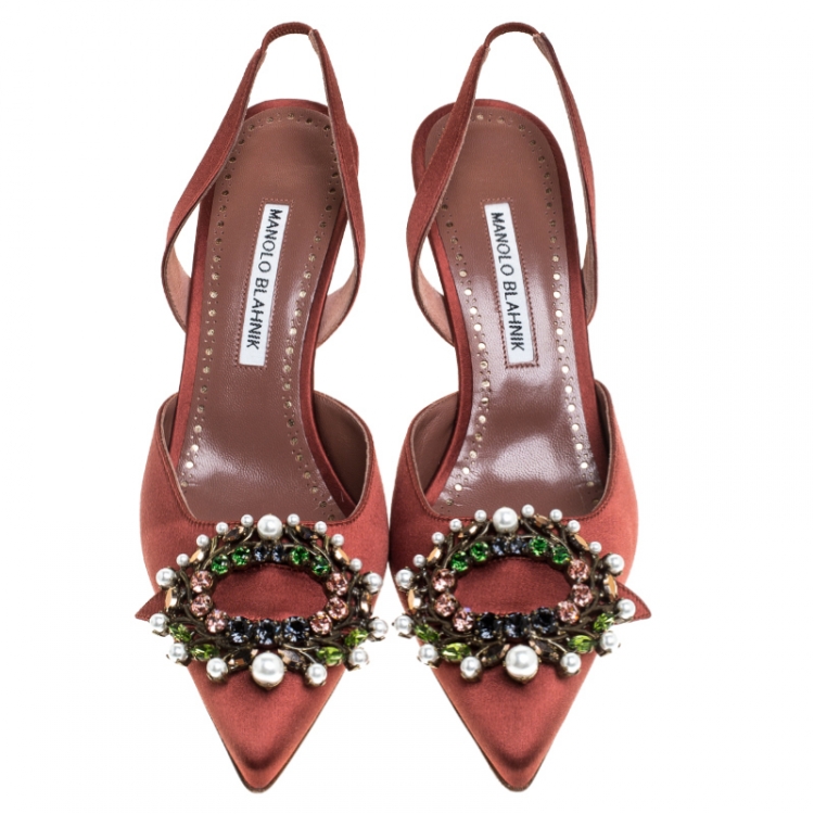 Pre Owned Manolo Blahnik Brown Satin Crystal Embellished Leona Slingback Pumps Size 38.5