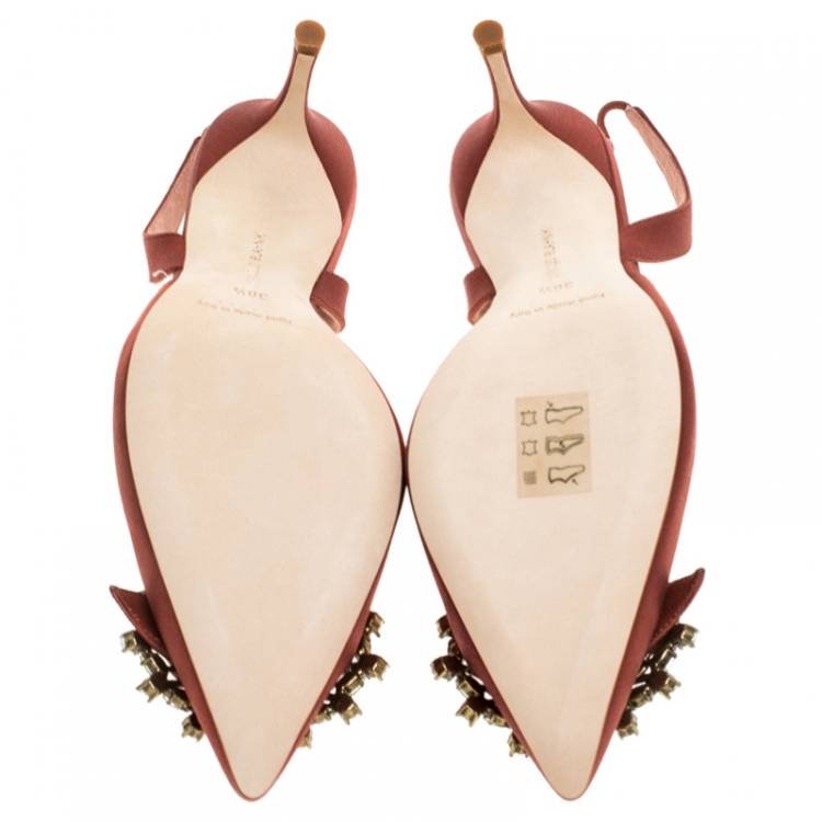 Pre Owned Manolo Blahnik Brown Satin Crystal Embellished Leona Slingback Pumps Size 38.5